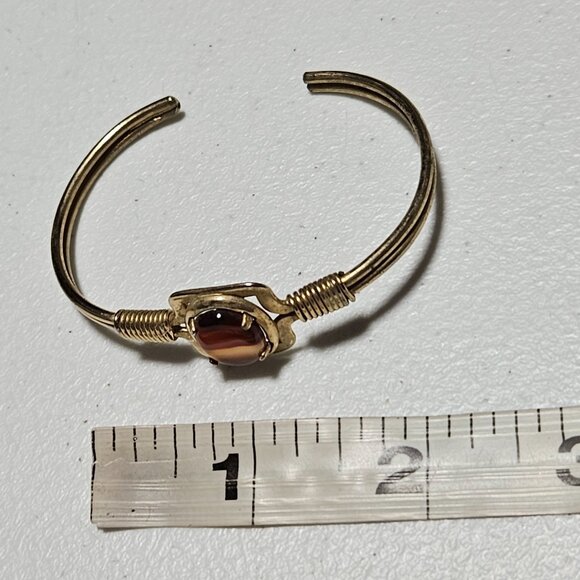 Vintage Elegant Brown Agate Cabochon Gold Tone Cuff Bracelet Fashion Jewelry - Picture 5 of 5